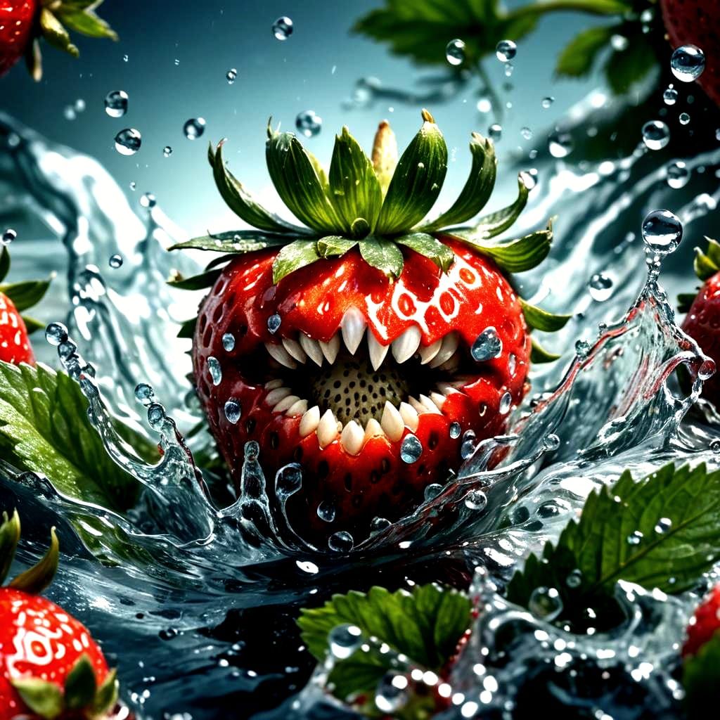 Vicious Glowing Strawberry Ready to Bite in 3D