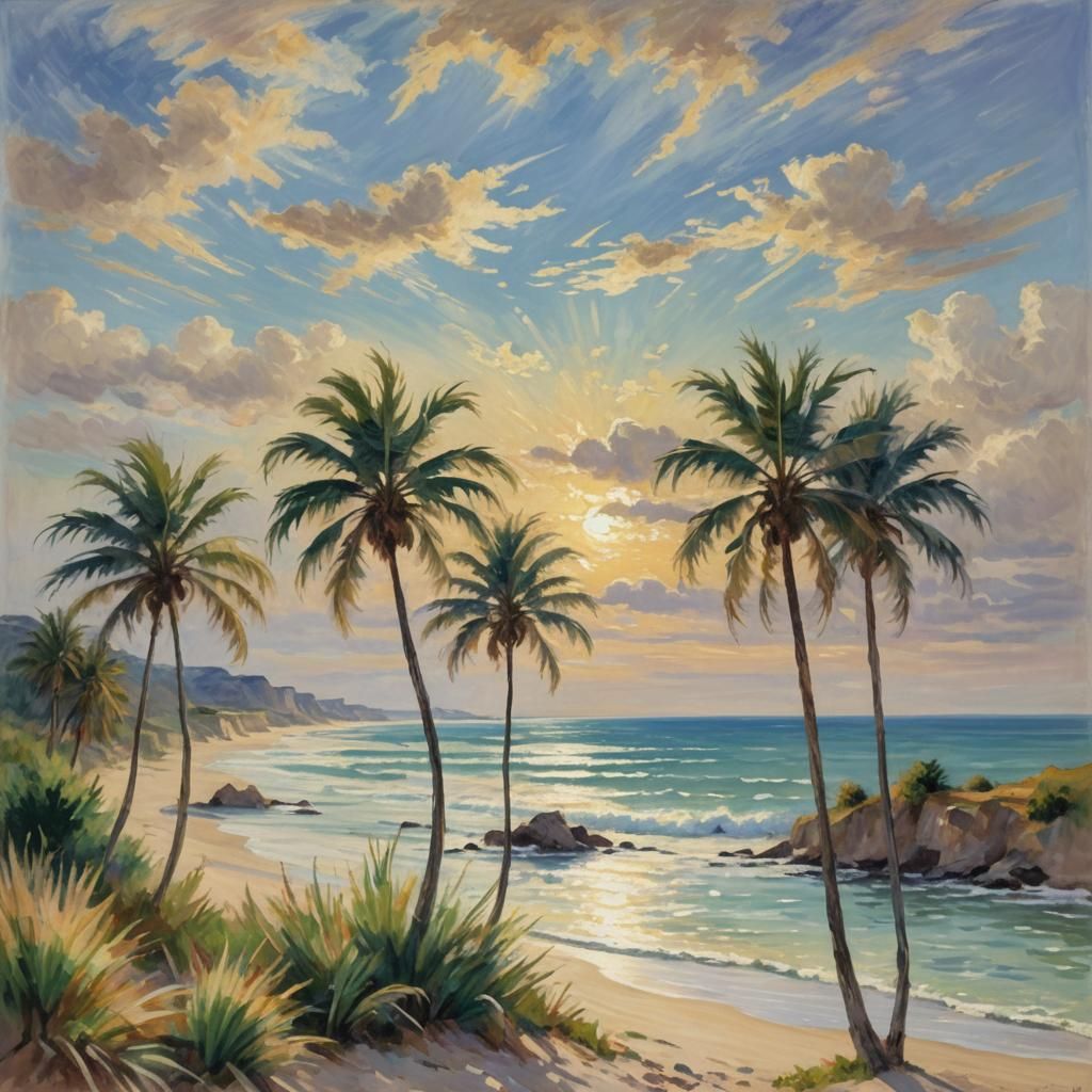 Impressionist Palm Trees on a Beach in Pastel Colors
