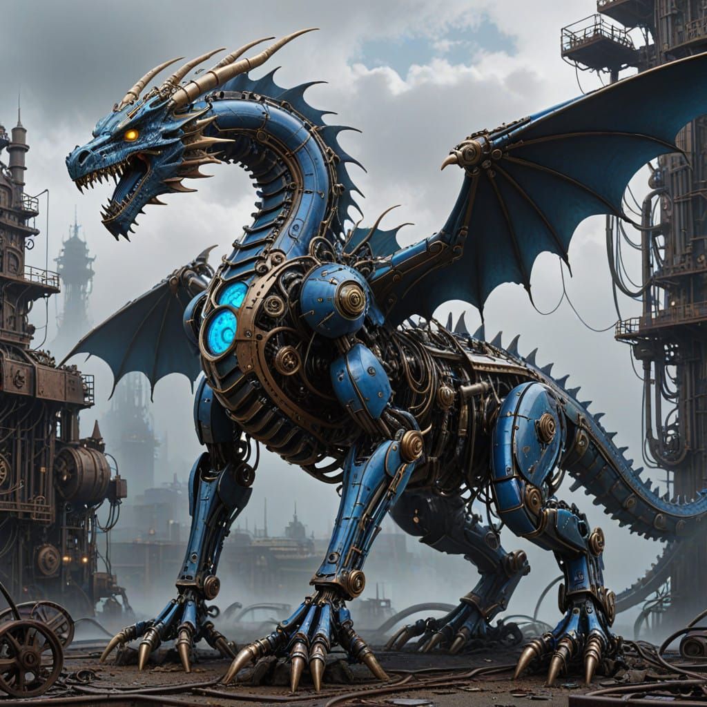Biomechanical Dragon Constructed from Industrial Machinery