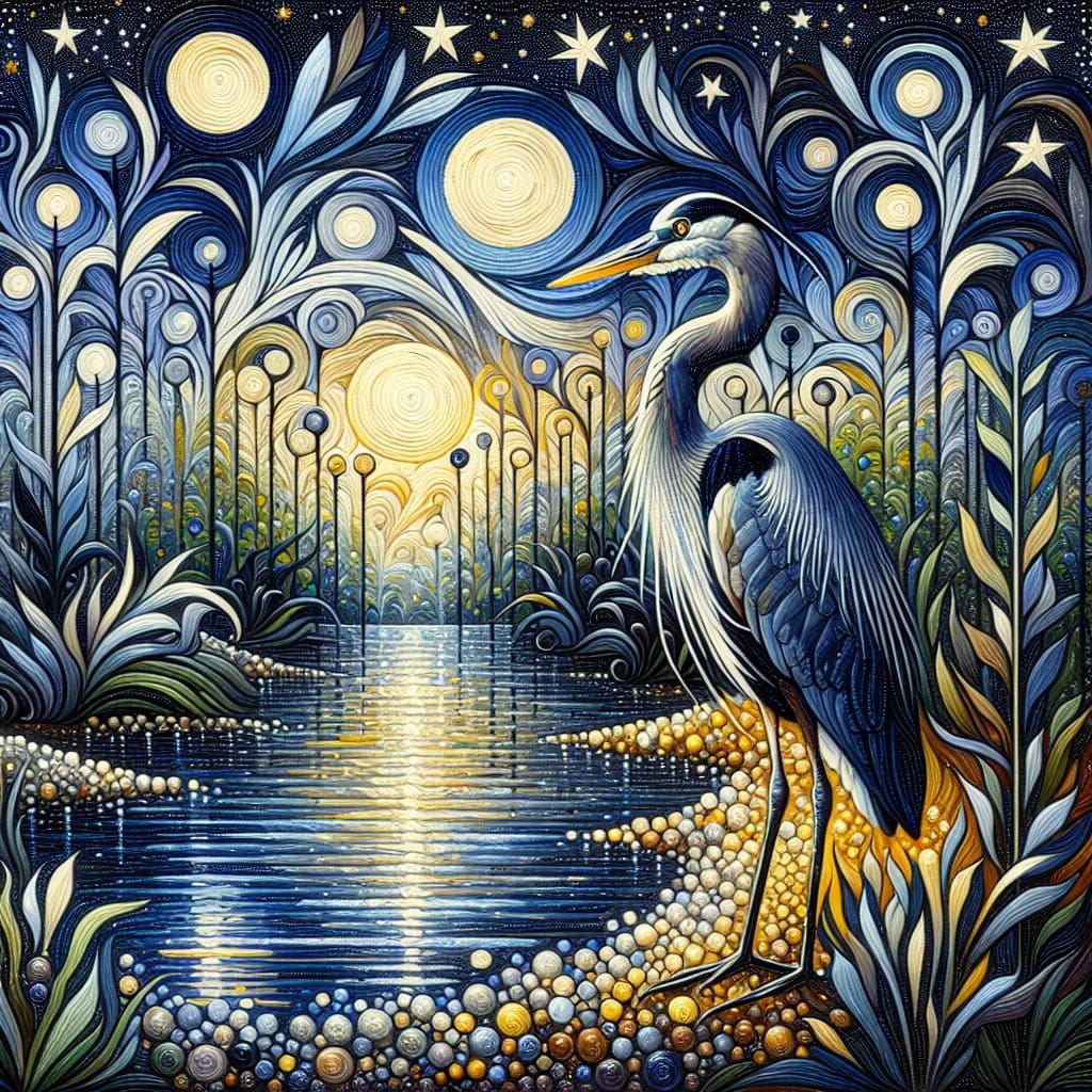 Great Blue Heron in Cosmic Wetland Wonderland