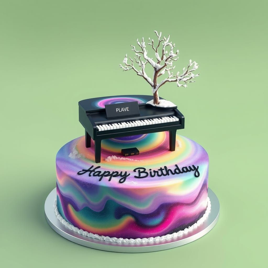 Whimsical Birthday Cake under Northern Lights in Cyberpunk F...