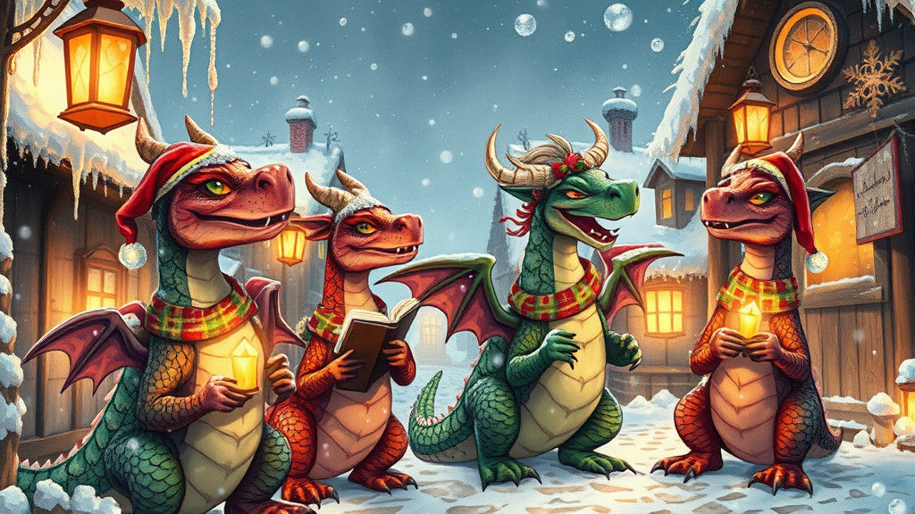 Festive Dragons Christmas Caroling in Winter Village