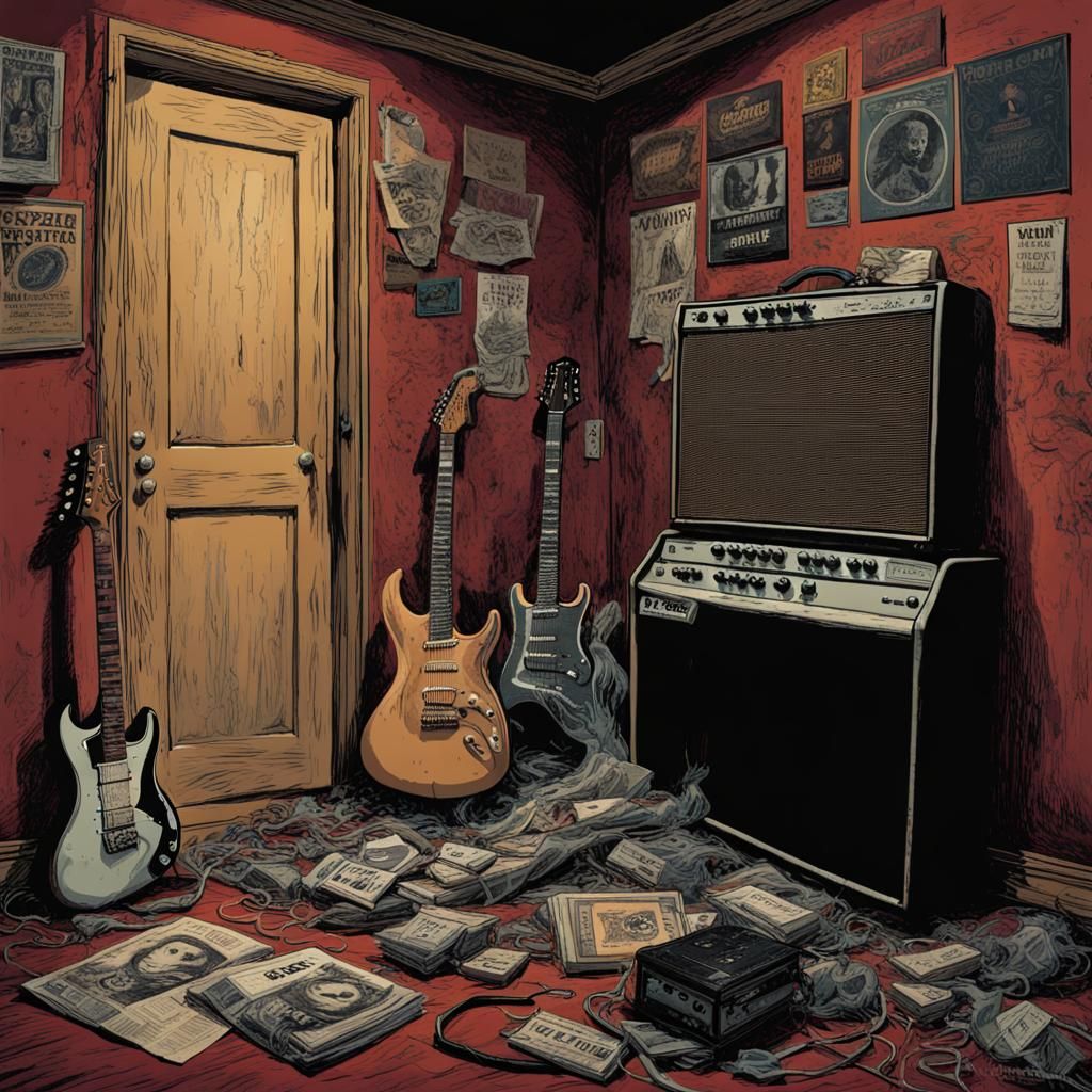 Guitar and Amp in Creepy Magazine Style