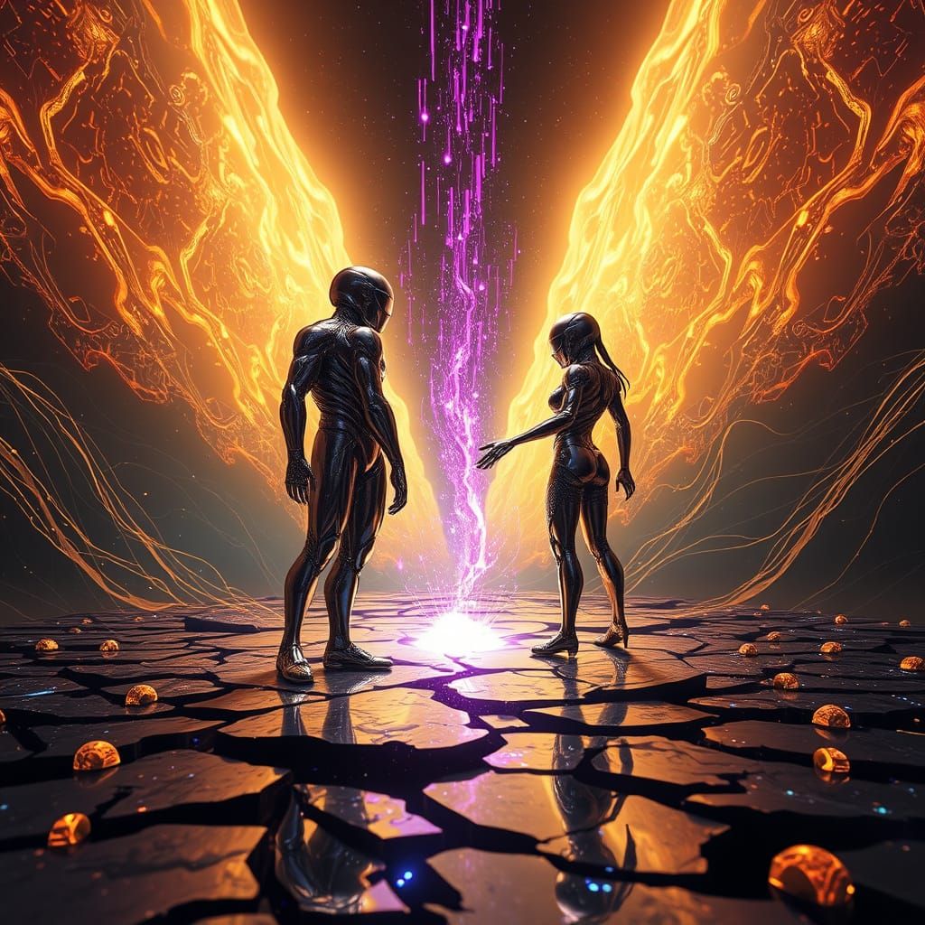 Androids Touch in Cyberpunk Chamber, Data Shards Unleashed