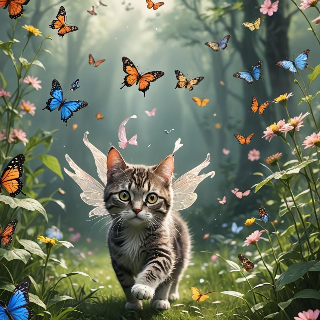 Fairy Cat Chasing Butterfly in 4K