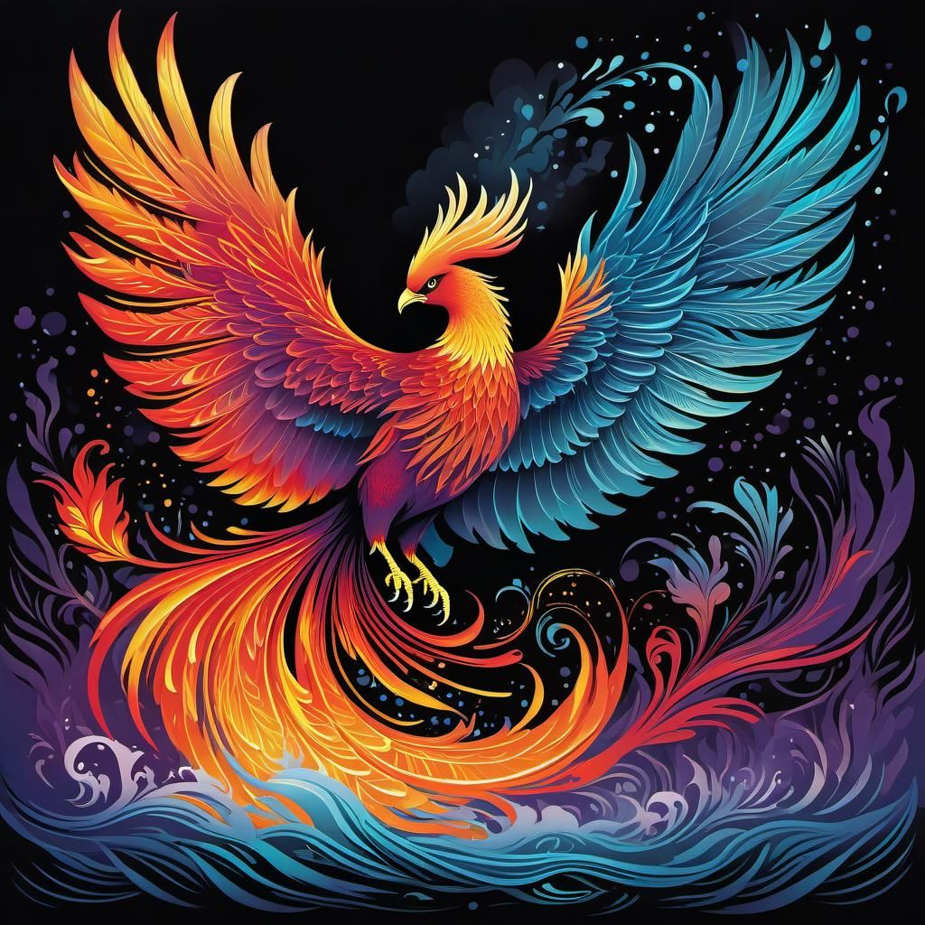 Fiery Phoenix Rising in Nebulous Line Art