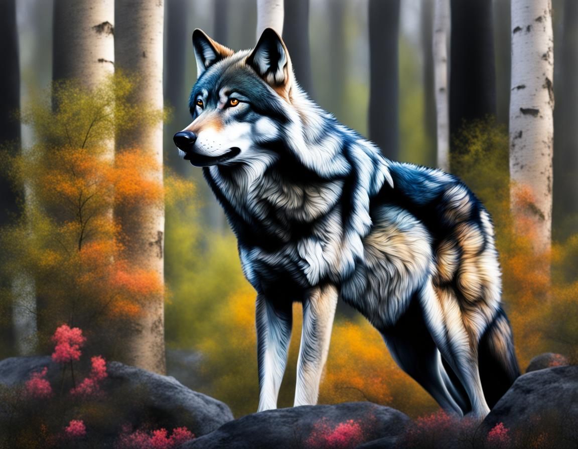 Giant Grey Wolf Howling in Spring Forest