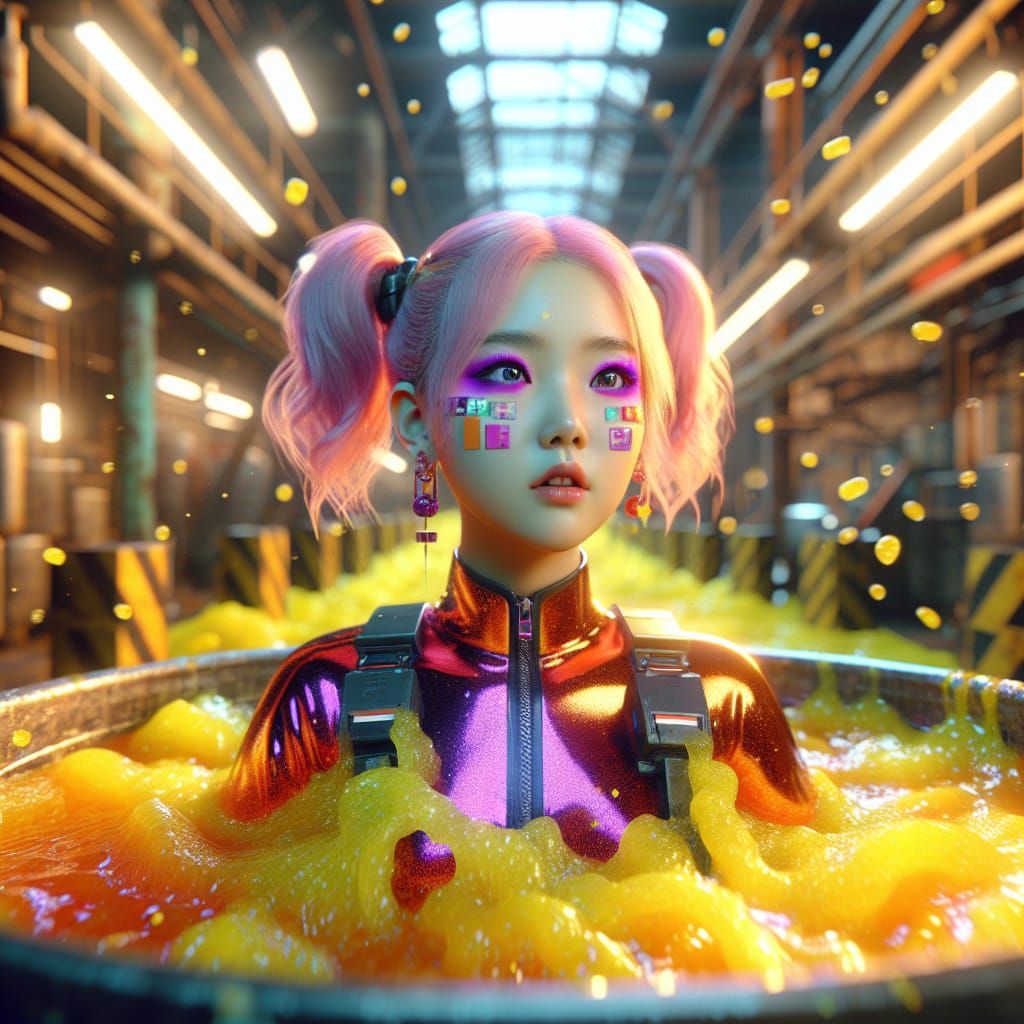 Hyper-Realistic Asian Pop Star in Abandoned Factory