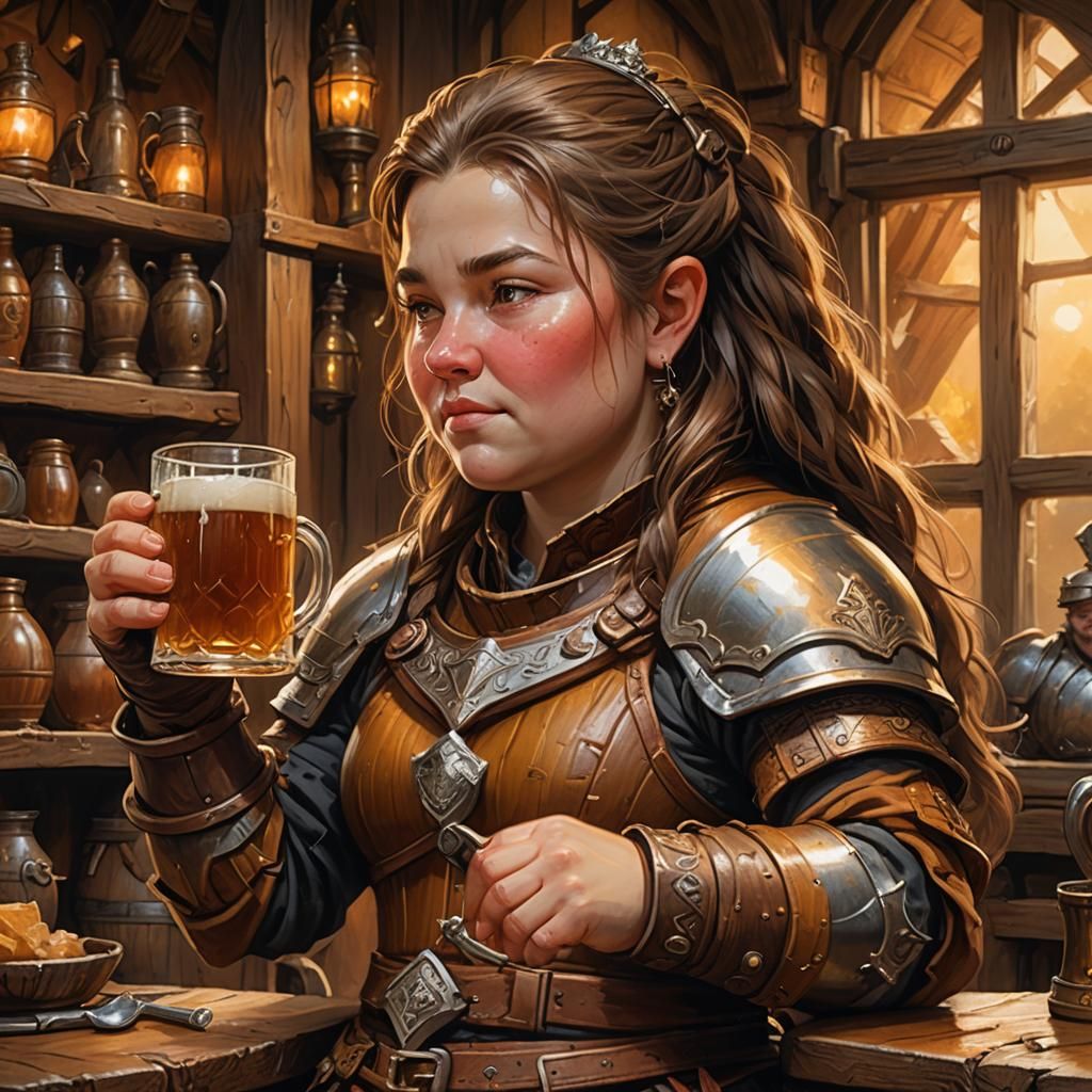 Dwarf Woman Drinking Ale in a Fantasy Tavern