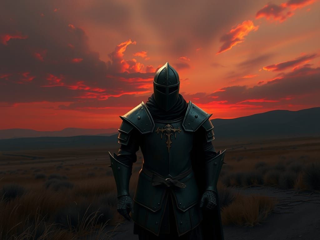 Grimdark Knight on Desolate Moor at Twilight
