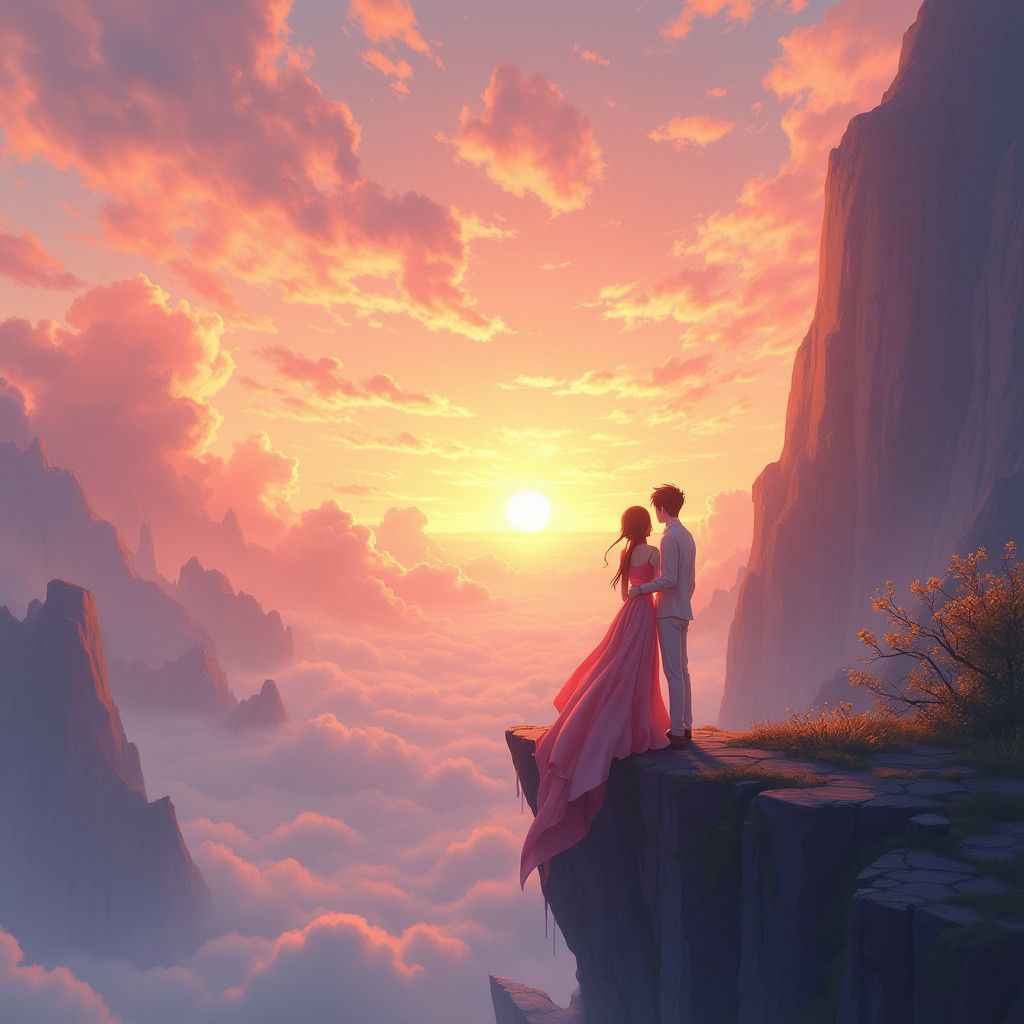 Anime Couple at Sunset in Dreamy Pastel Hues