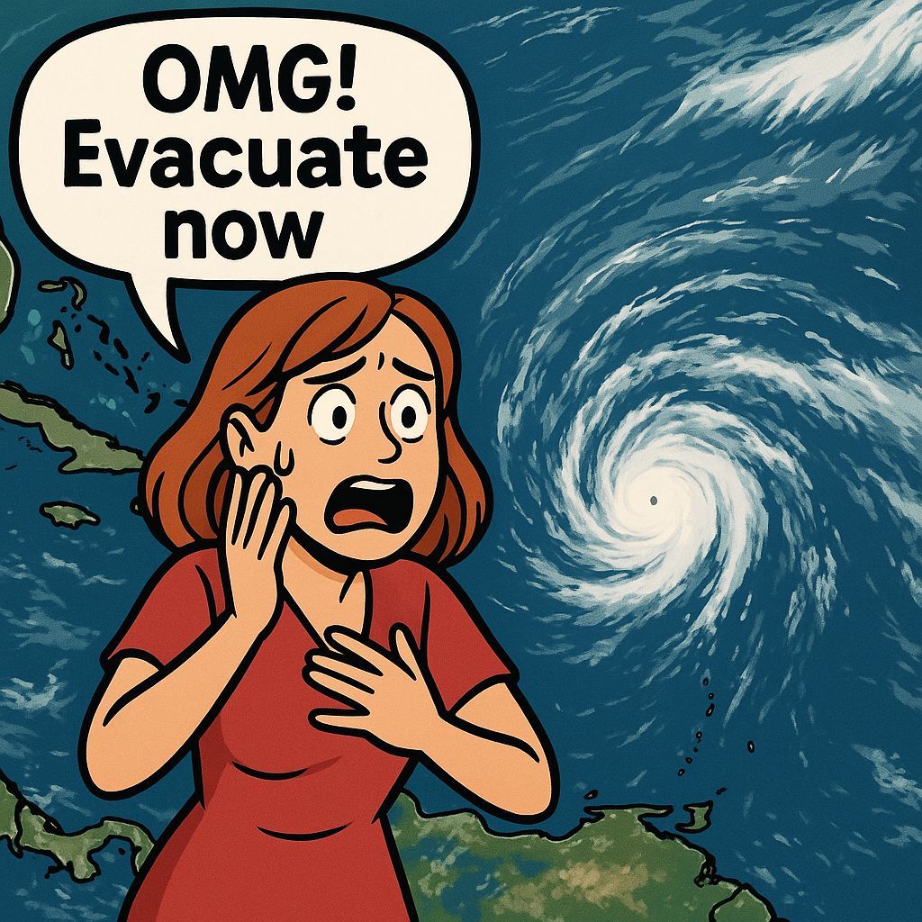 Scared Meteorologist Cartoon Issues Evacuation Warning