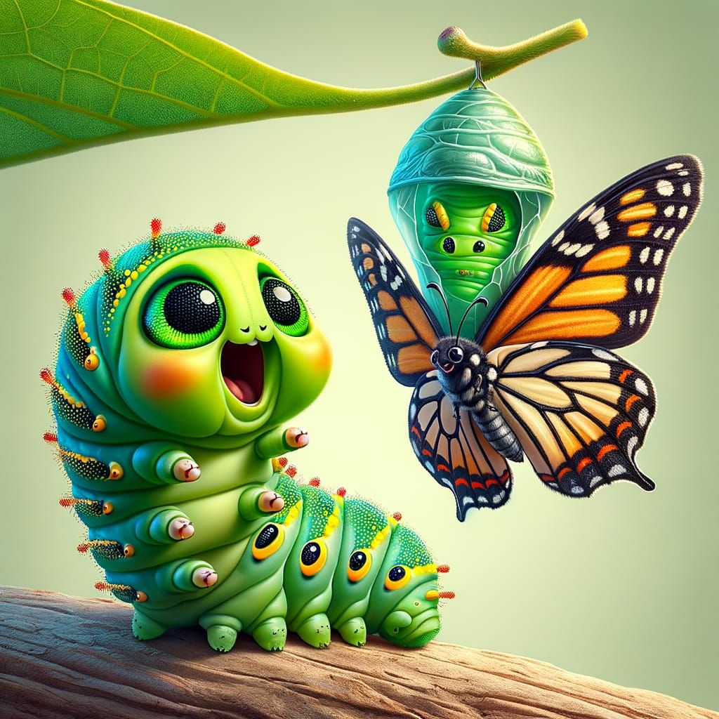 Enthusiastic Caterpillar Witnesses Butterfly Metamorphosis