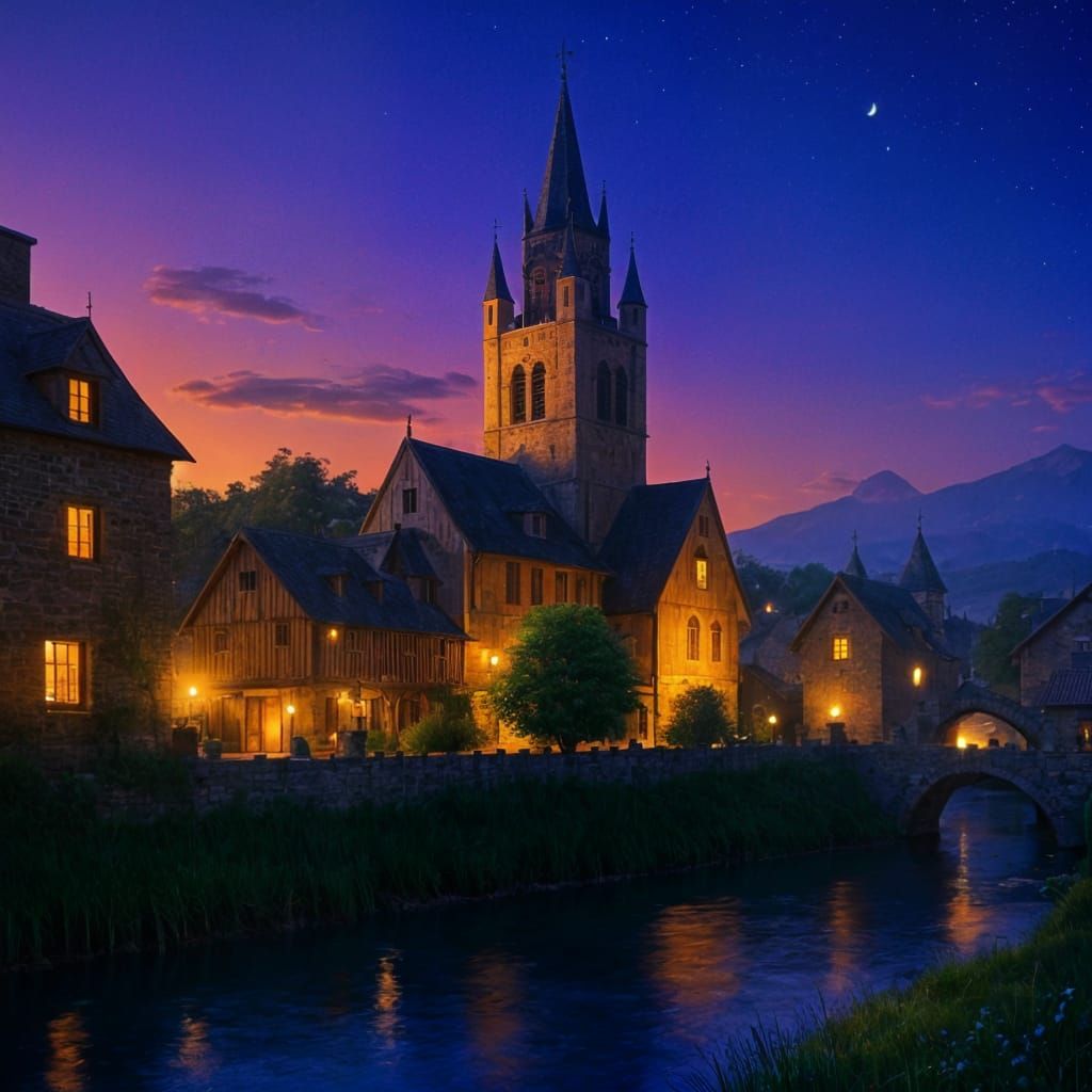 Medieval Village at Sunset with Monastery