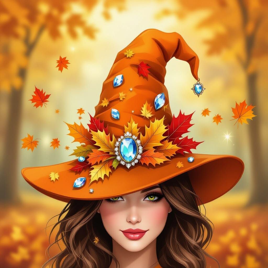 Magical Autumn Hat with Crystals and Leaf Patterns