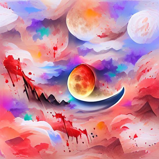 Vibrant Blood Moon Digital Illustration in Watercolor Style