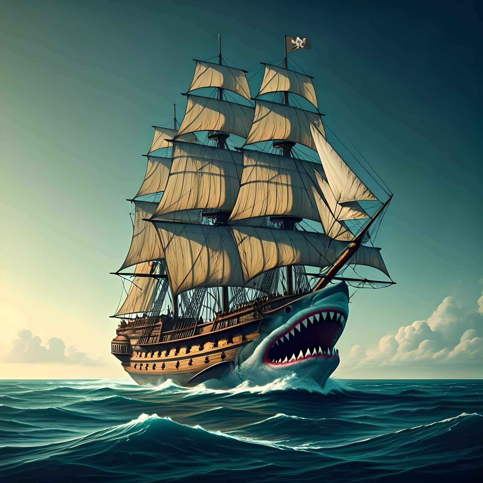 Pirate Ship with Shark Maw and "Haifisch" Typography