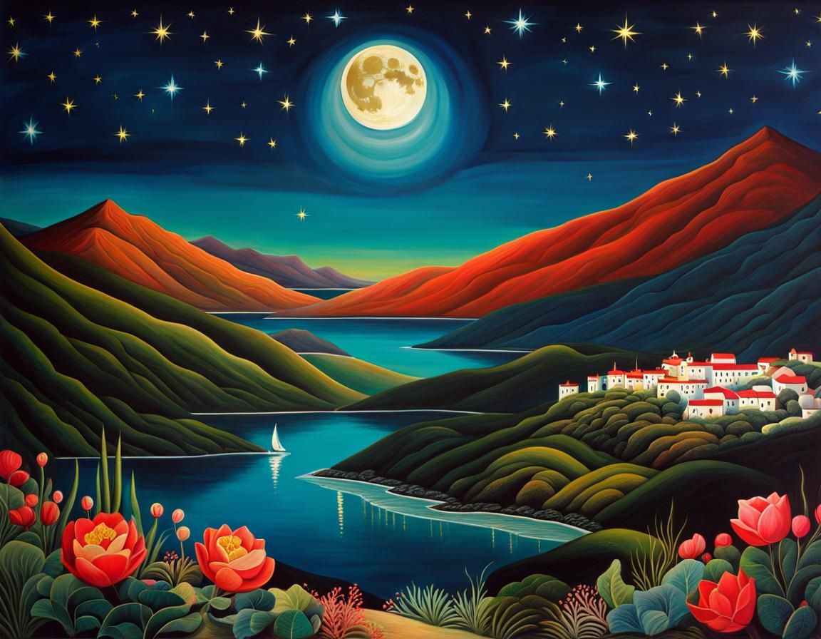 Dreamlike Nightscape with Aurora, Evoking Frida Kahlo