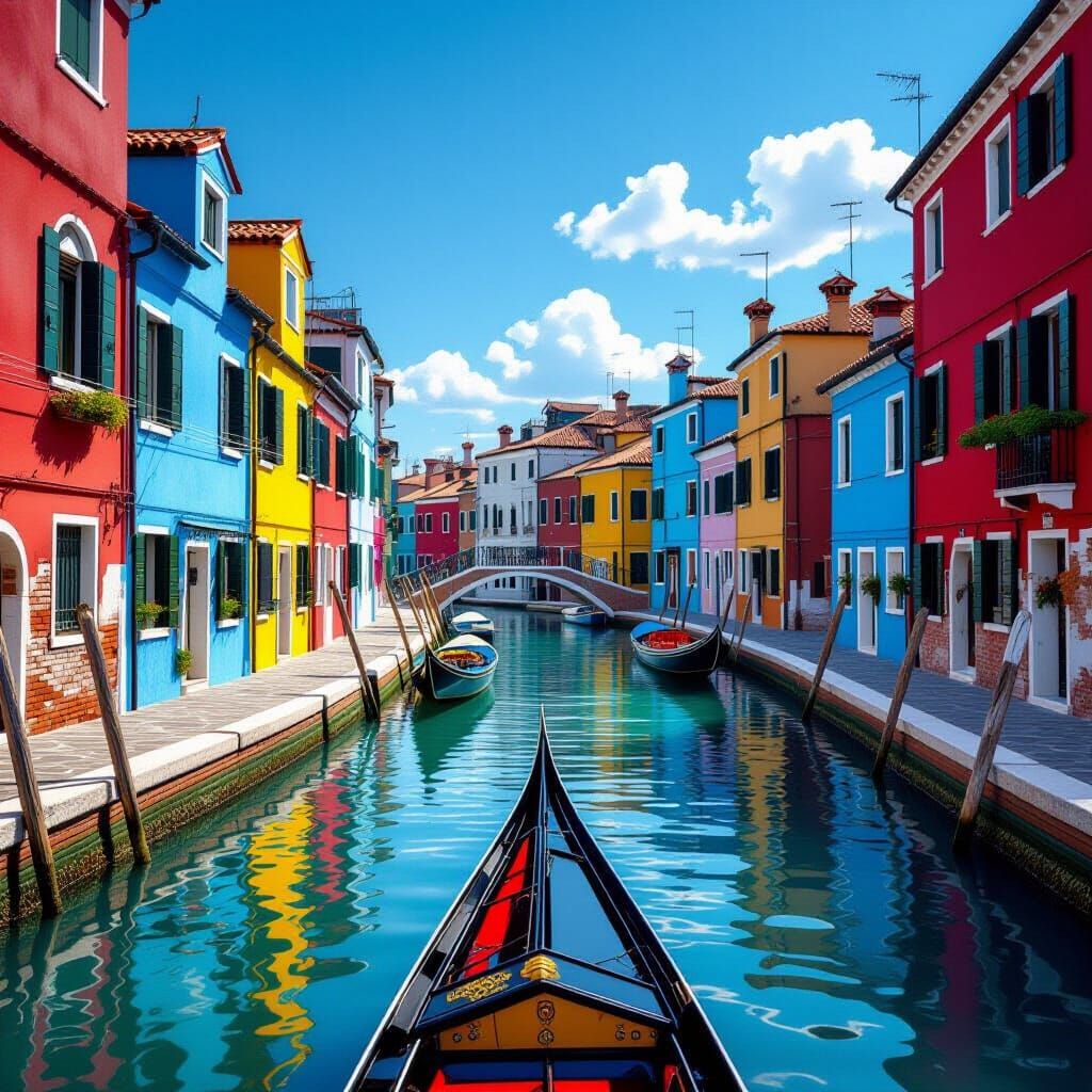 Black Gondola on Curved Canal with Colorful Houses
