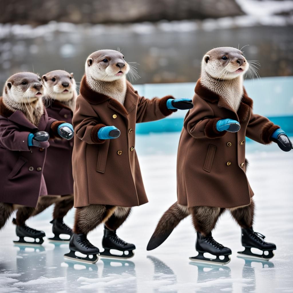 Otters Ice Skating in Winter Coats and Mittens