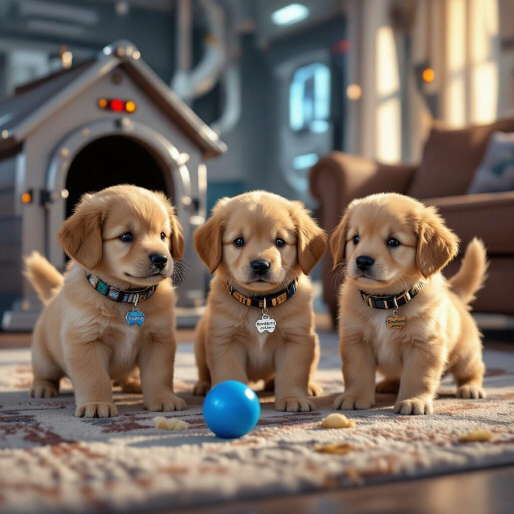 Golden Retriever Puppies Play in Sci-Fi Living Room