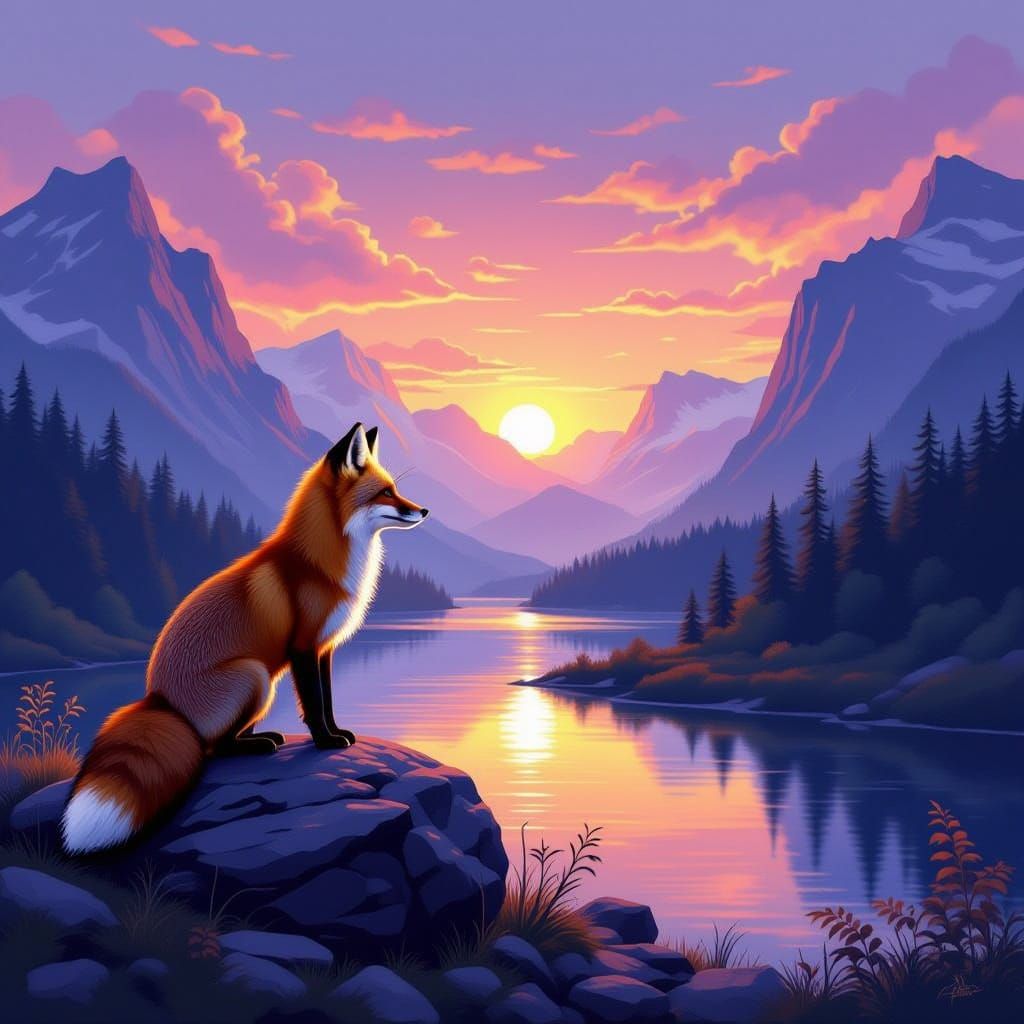 Majestic Red Fox Surveys Sunset Landscape in Vibrant Purple ...