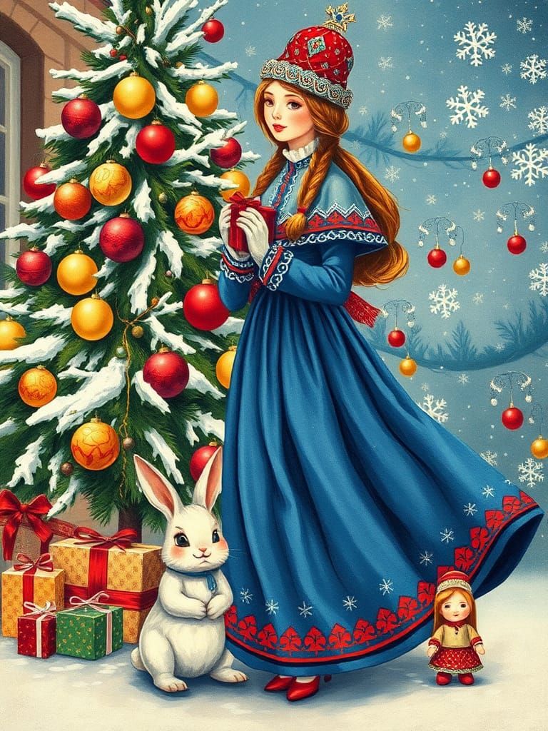 Festive Snow Maiden in Folk-Art Style