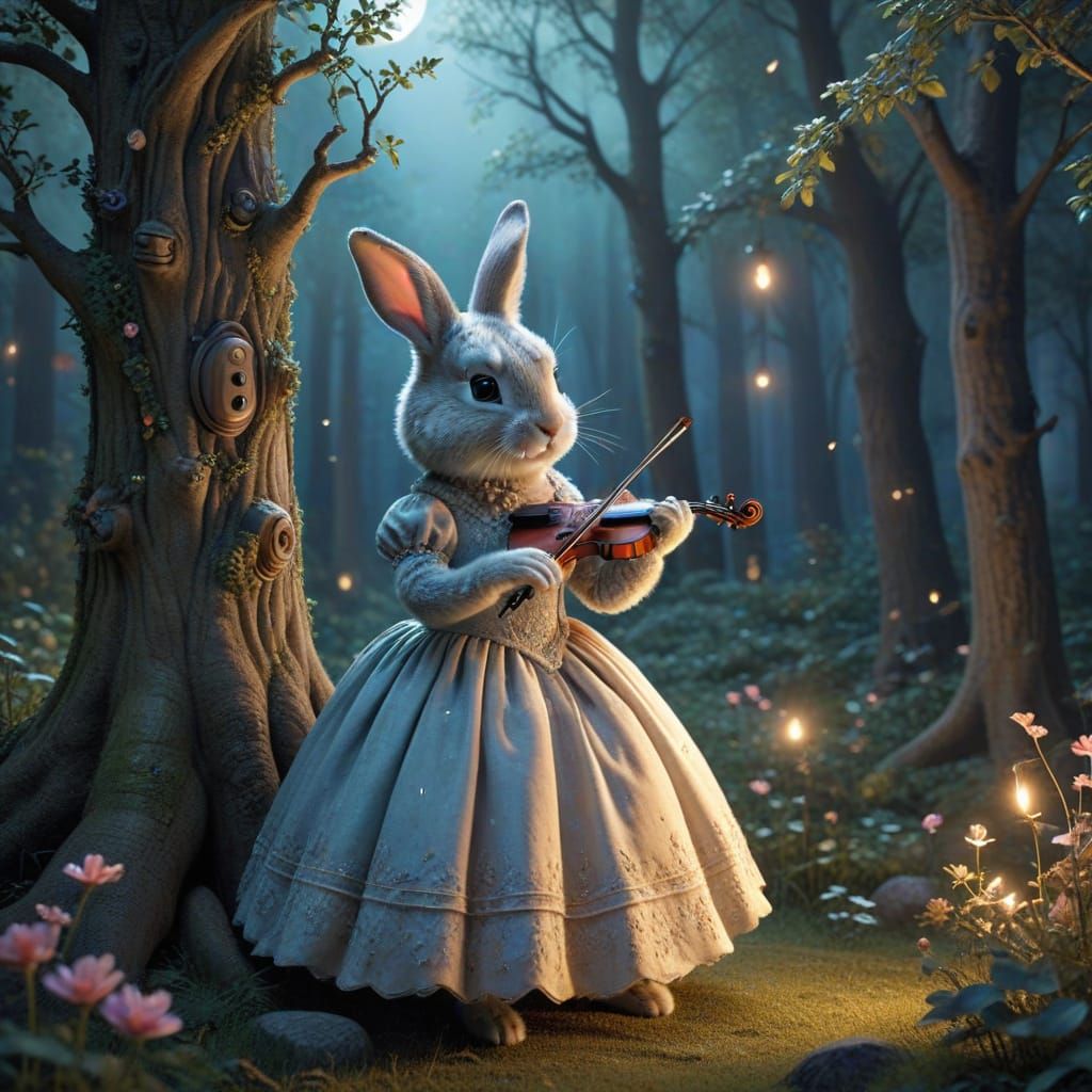 Whimsical Rabbit Violinist and Bear Ballerina in Enchanted F...