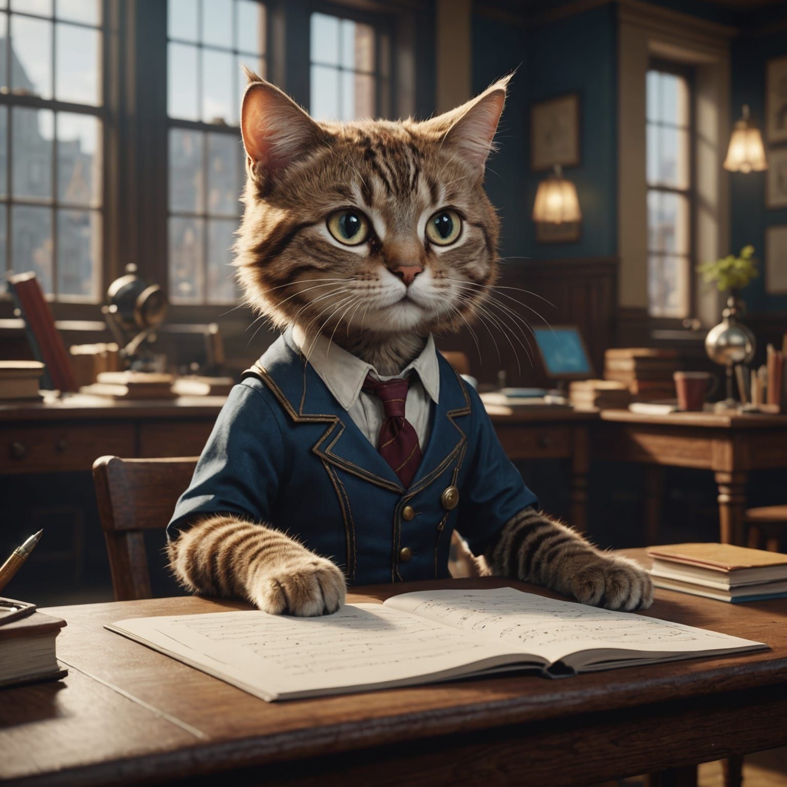 Cat Sings at School Desk: Detailed Matte Painting