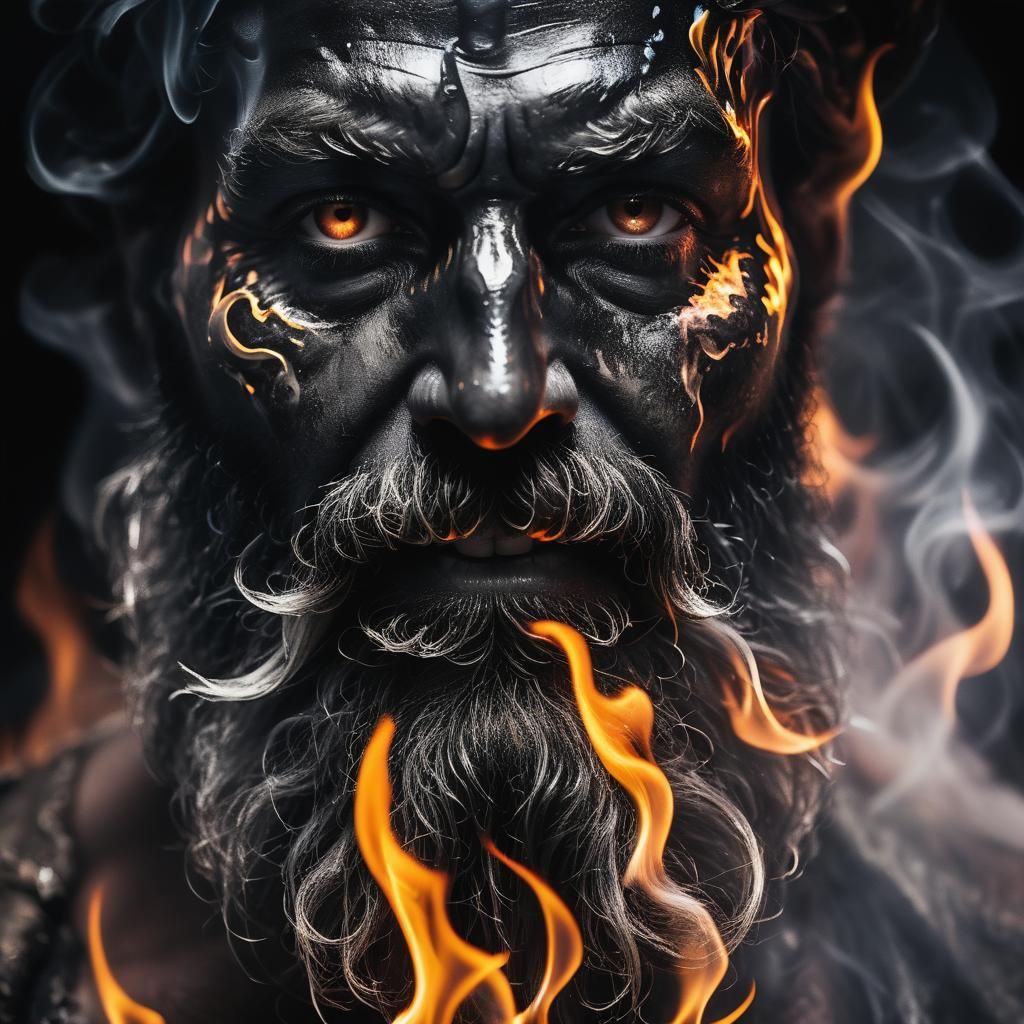 "Portrait of Blackbeard, his face forged from burning magnes...
