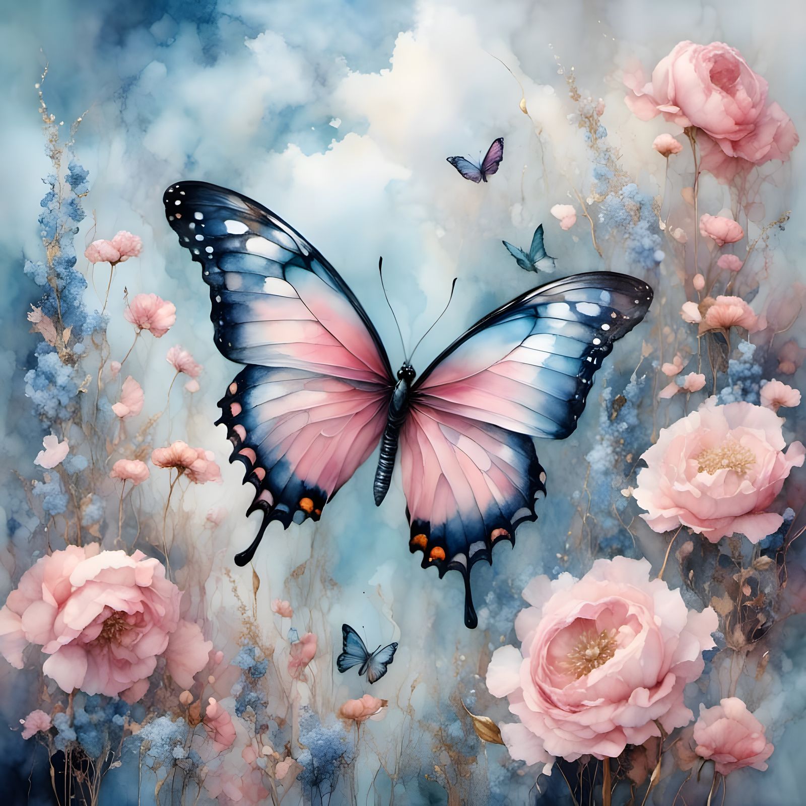 Pastel Butterfly in Golden Outlines