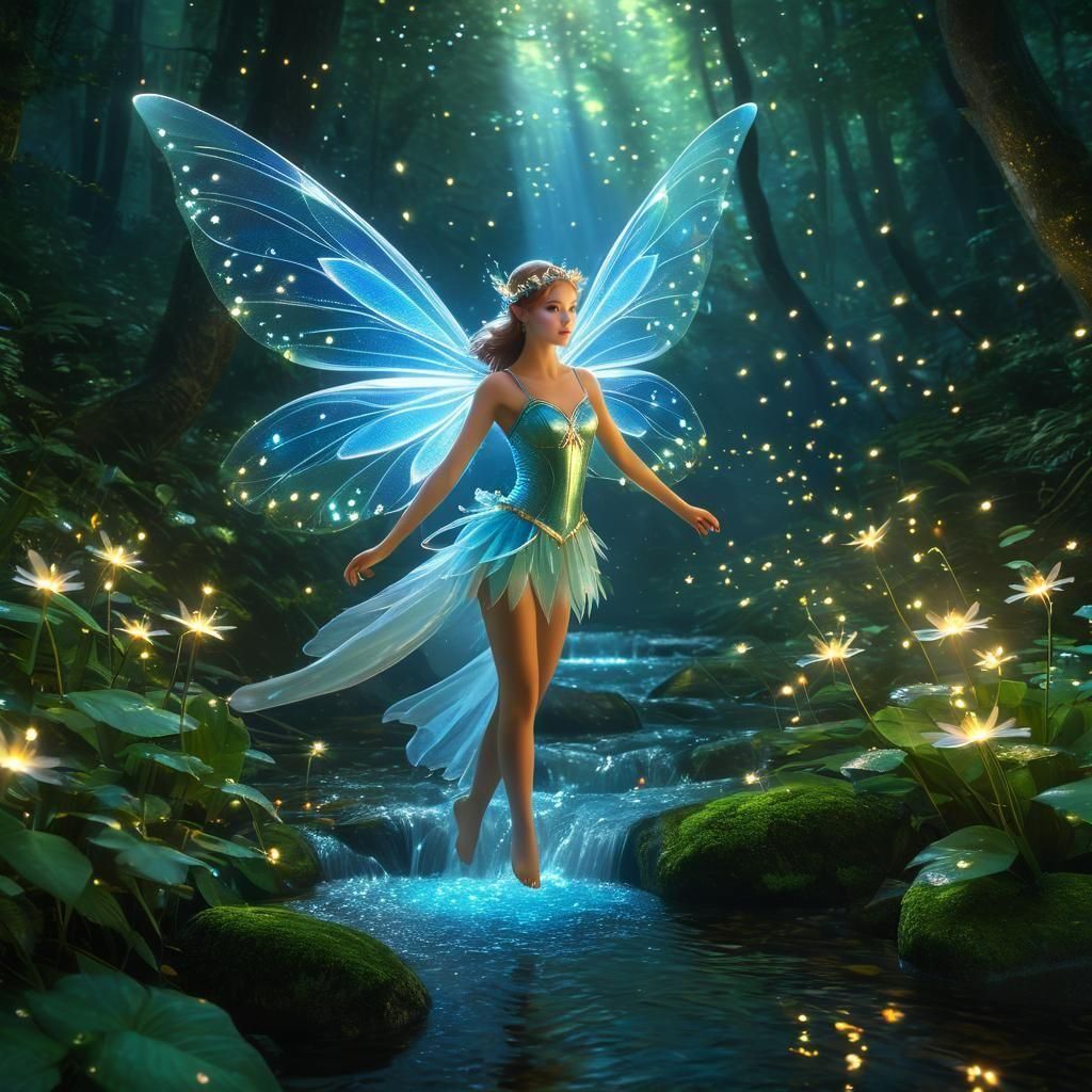 Ethereal Fairy in Enchanted Forest with Moonbeam