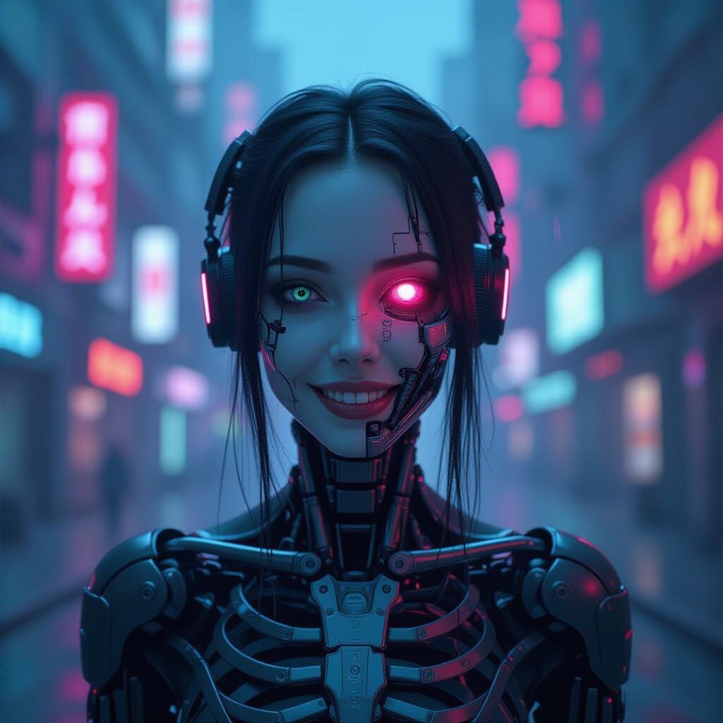 Eerie Cybernetic Girl Dissolving into Neon Tendrils