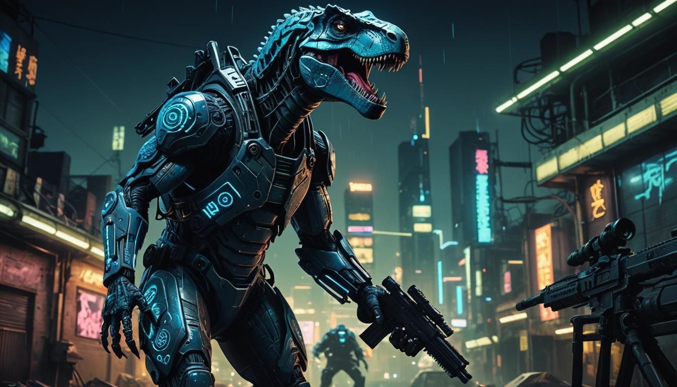 Cyberpunk Tyrannosaurus Rex with Sniper Rifle Portrait