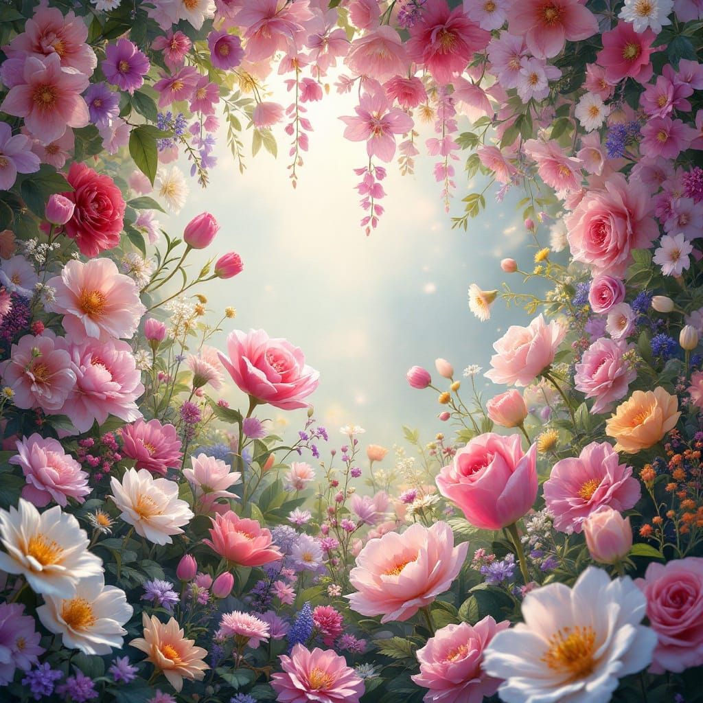 Vibrant Floral Tapestry in a Dreamy Garden Setting