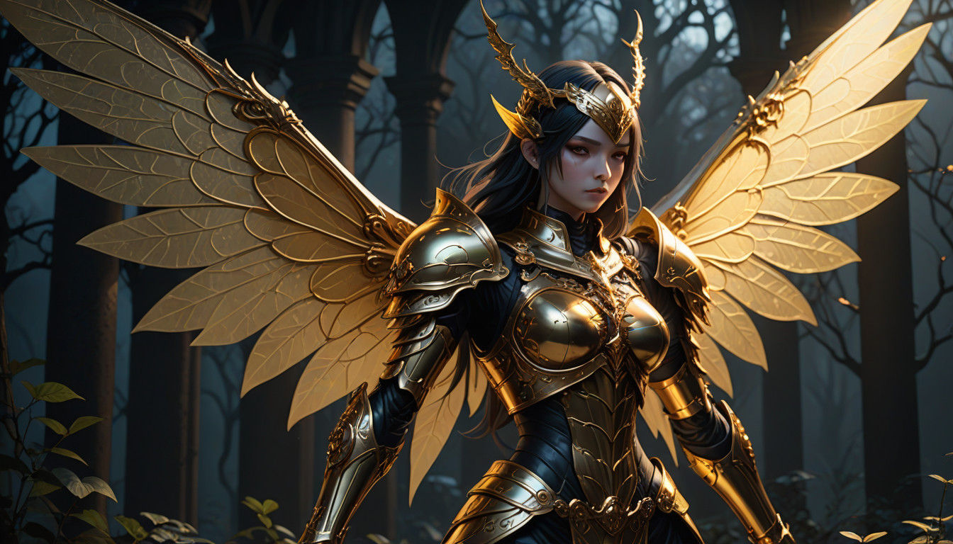Gothic Anime Warrior Goddess in Golden Armor
