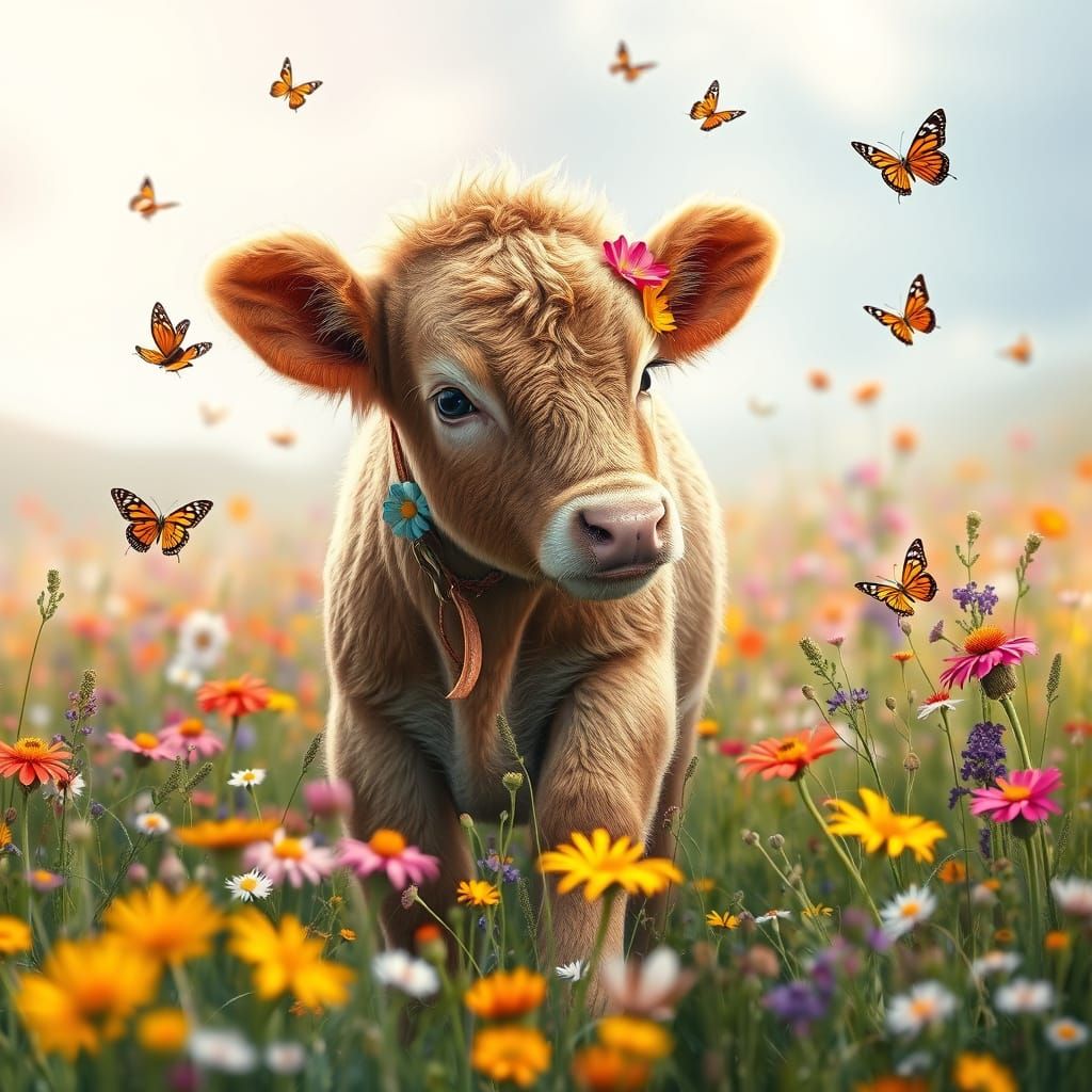 Fluffy Calf in Flower Field: Photorealistic Art
