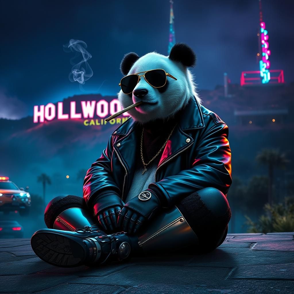 Cyberpunk Panda at the Hollywood Sign