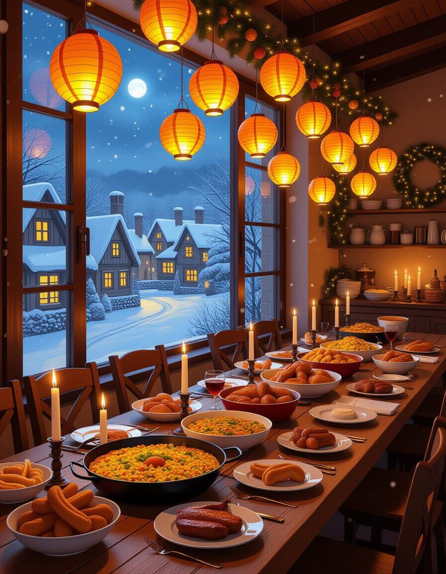 Whimsical Winter Feast with Glowing Lanterns
