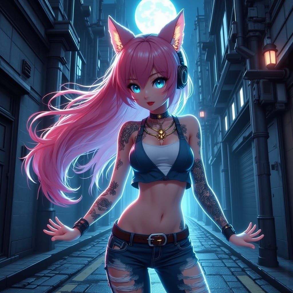 Anime Mature Female Kitsune with pink hair, blue eyes, red lips, midriff cut tanktop, weathered blue jeans, fairey and r...