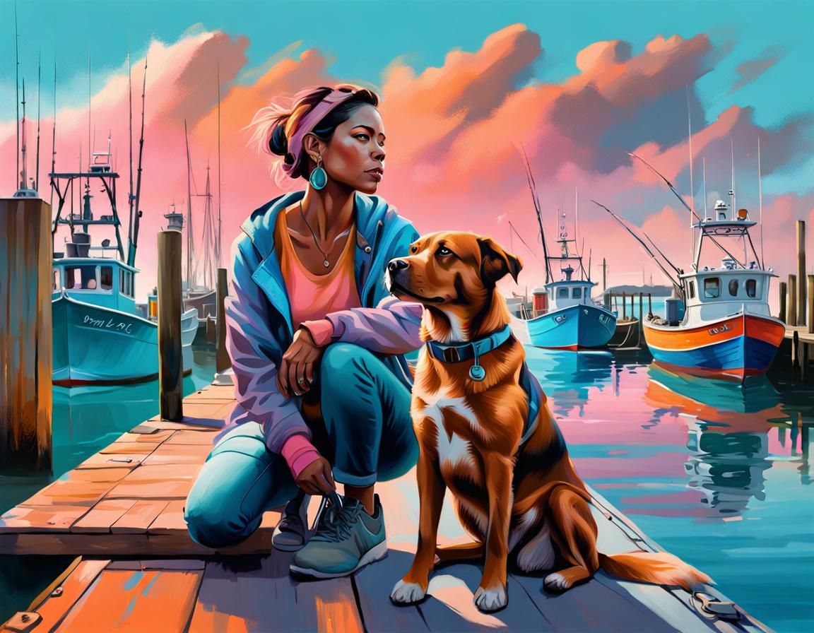 Hyperrealistic Coastal Village Scene with Woman and Dog
