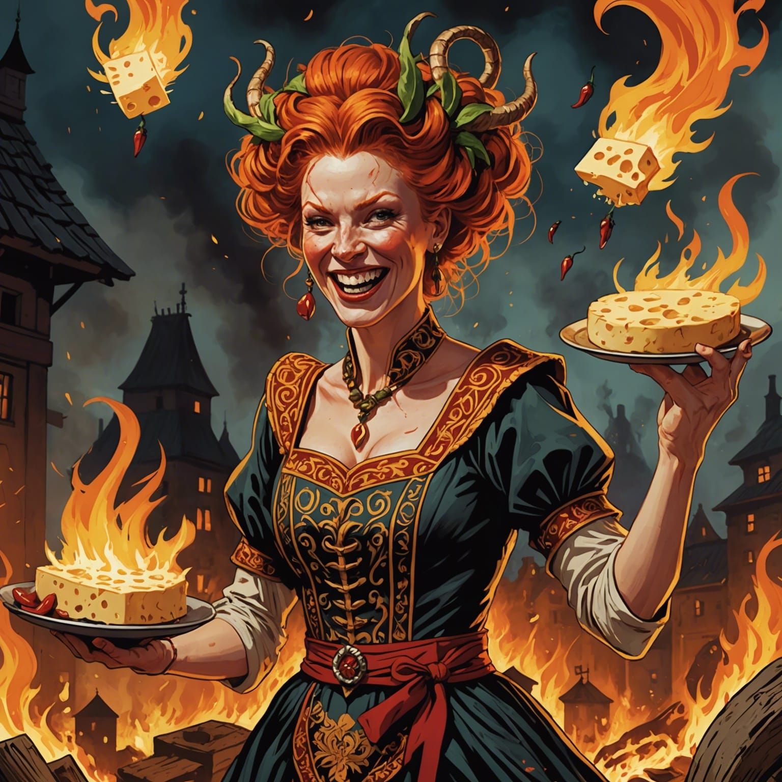 Fiery Woman in Latvian Dress, Comic Book Art