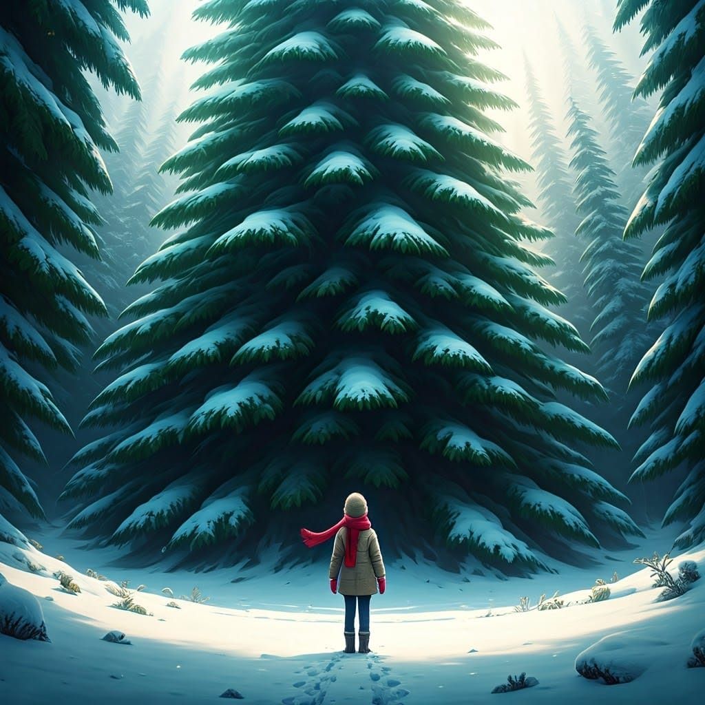 Girl and Giant Christmas Tree, Digital Matte Painting