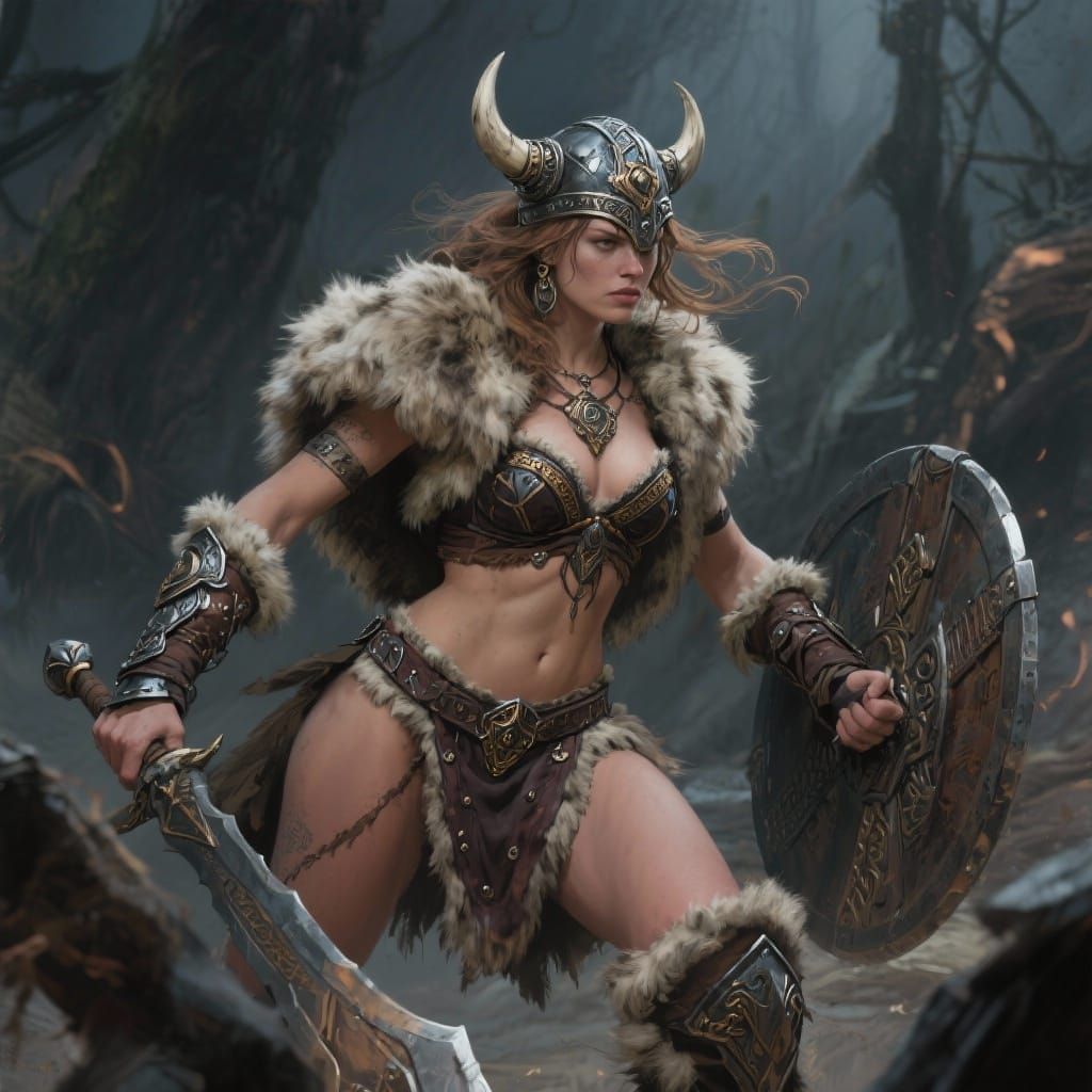 Viking Warrior Model in Bikini Armor, Heroic Pose