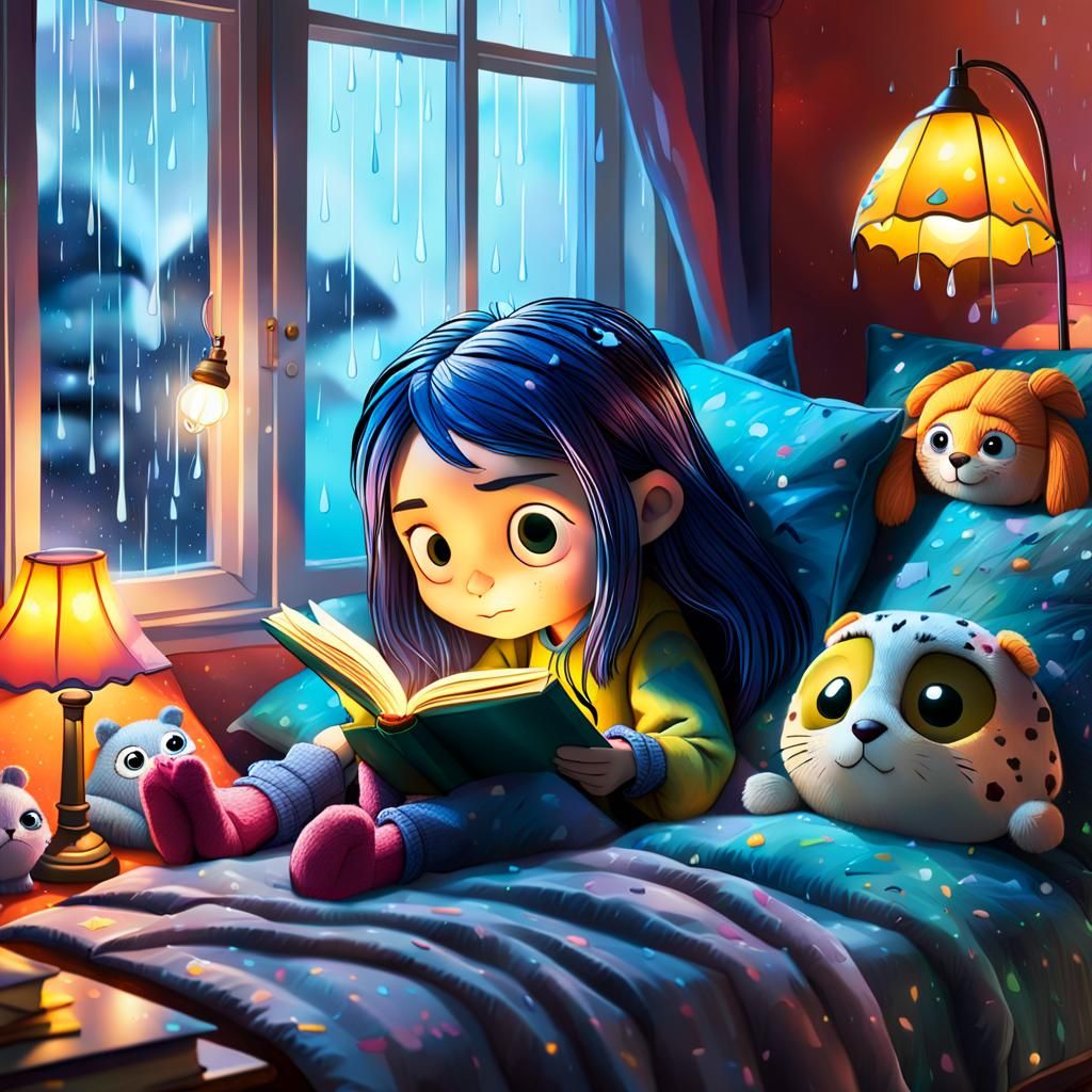 Cozy Pillow Fort Reading: Hyperrealistic Coraline-Style Art