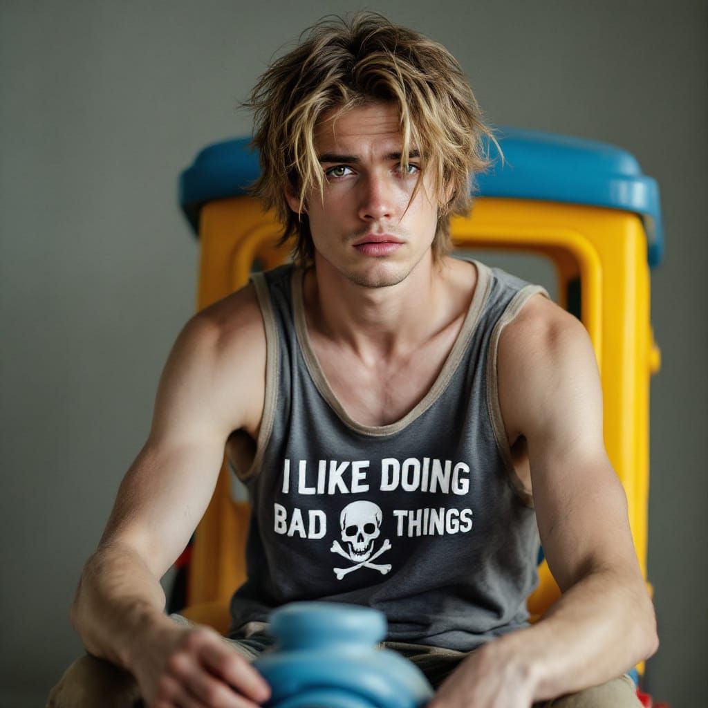 Young Man in Sleeveless Tee Sits on Child's Train