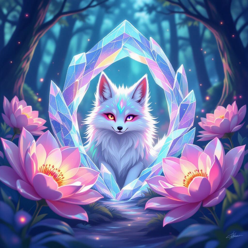 Iridescent Kitsune Peeking Through Crystal Portal