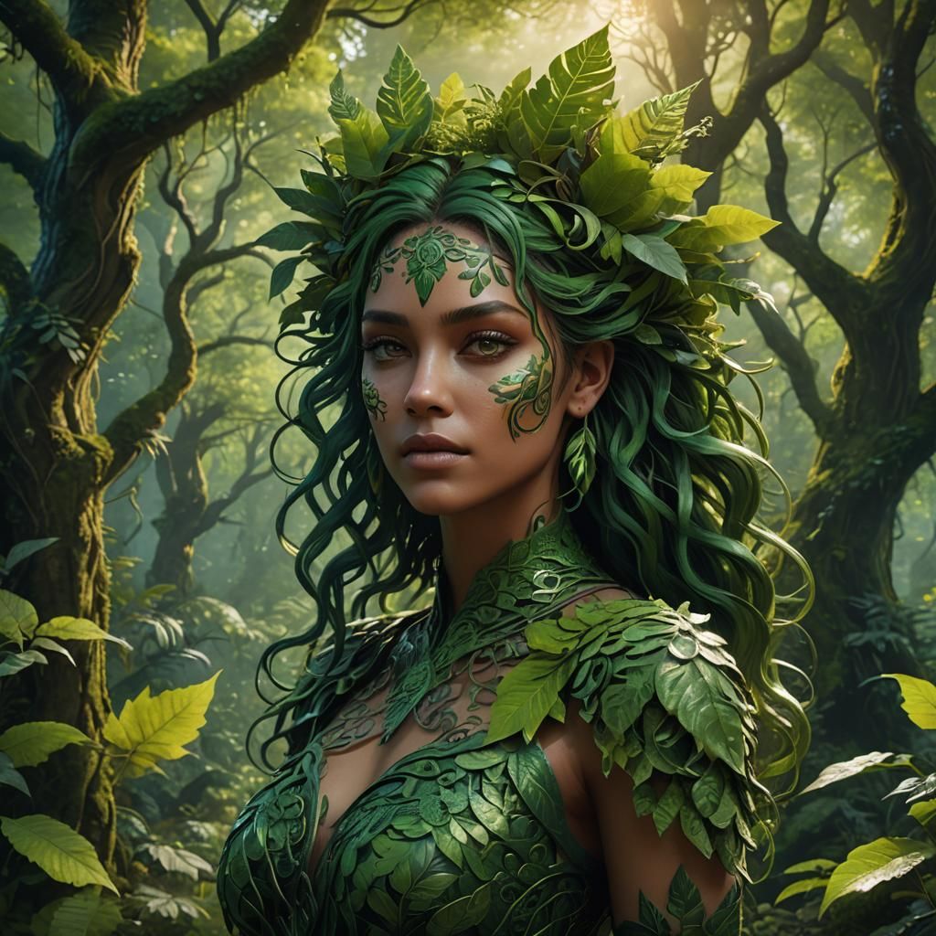 Green Girl in Lush Forest: Fantasy Concept Art