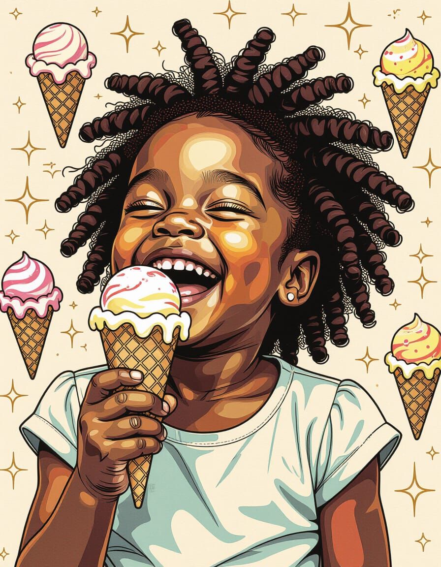 Smiling Girl Eating Ice Cream in Mechanical Drafting Style
