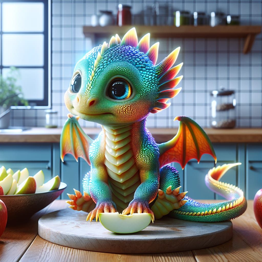 Vibrant Baby Dragon Bites Apple with Shimmering Scales